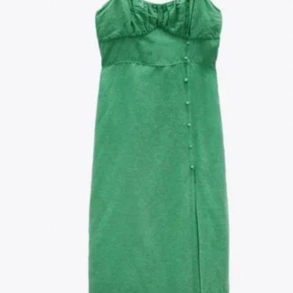 Zara Green Lined Button Midi Dress - Size L - Picture 2 of 4
